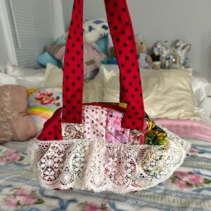 Handmade Vintage Red Polka Dot Patchwork  Bag with Lace Trim